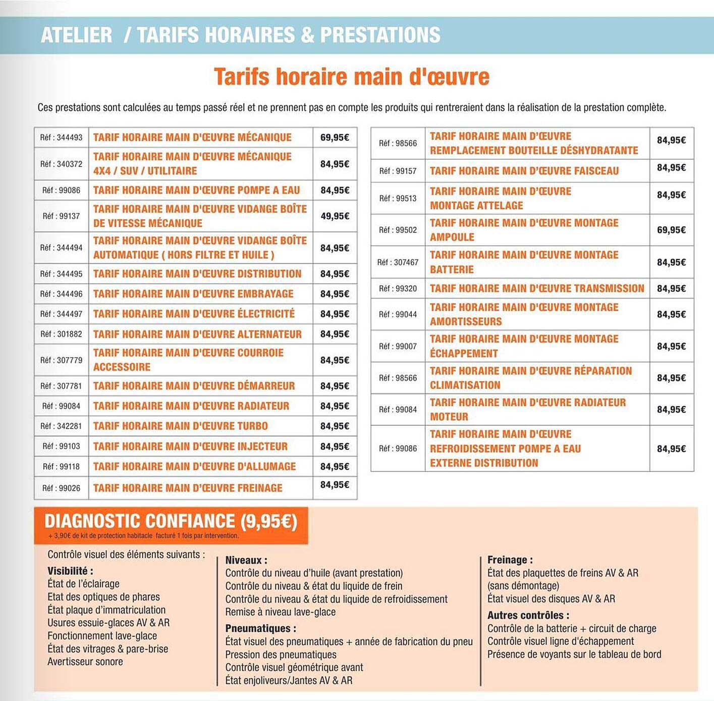 Tarifs horaire main d'œuvre