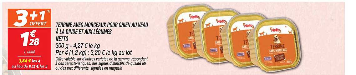 TERRINE AVEC MORCEAUX POUR CHIEN AU VEAU À LA DINDE ET AUX LÉGUMES NETTO