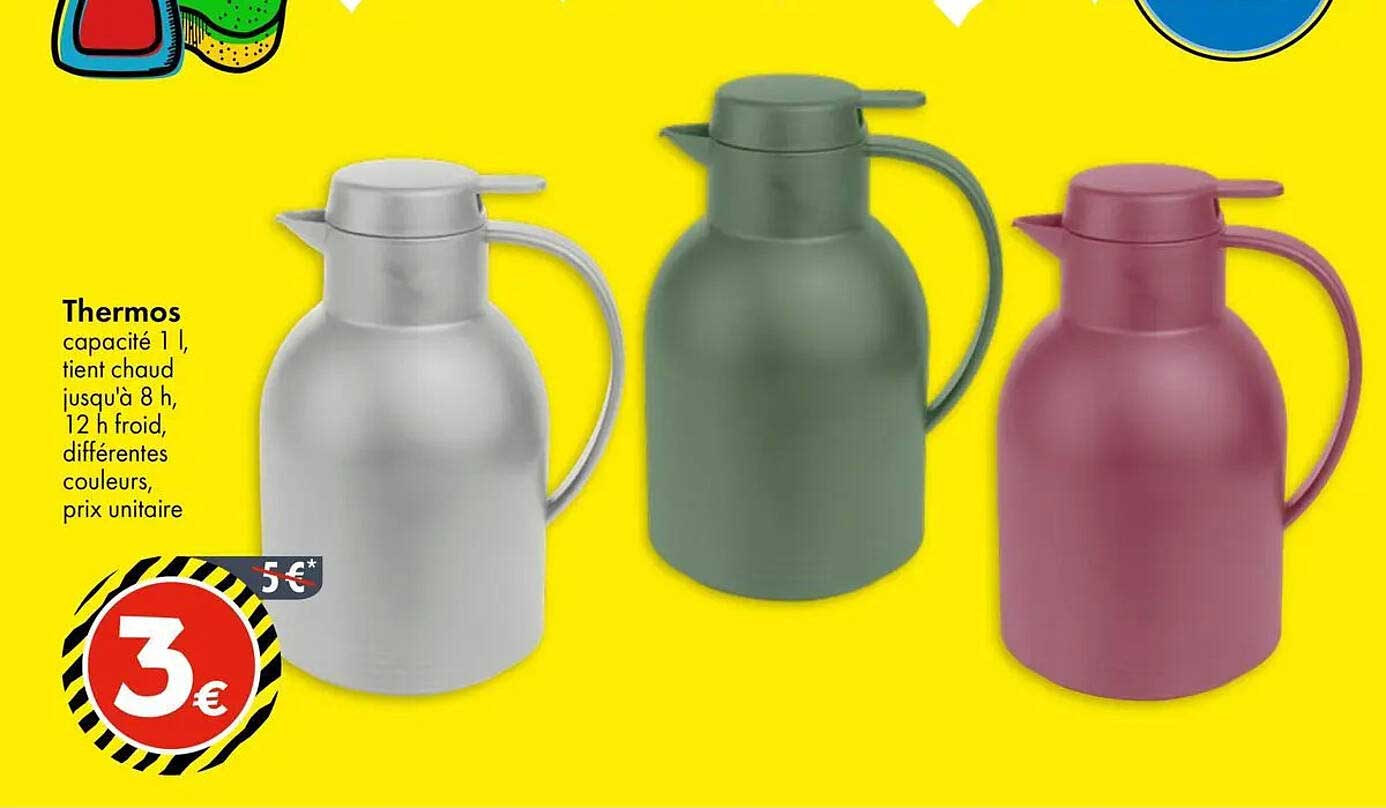 Thermos capacité 1 l, tient chaud jusqu'à 8 h, 12 h froid, différentes couleurs, prix unitaire