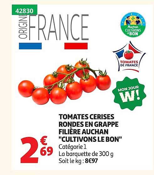 TOMATES CERISES RONDES EN GRAPPE FILIERE AUCHAN "CULTIVONS LE BON"