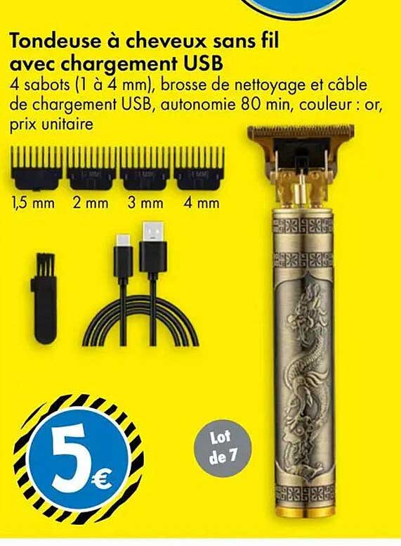 Tondeuse à cheveux sans fil avec chargement USB