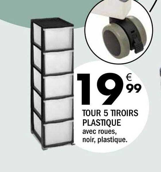 TOUR 5 TIROIRS PLASTIQUE avec roues, noir, plastique.