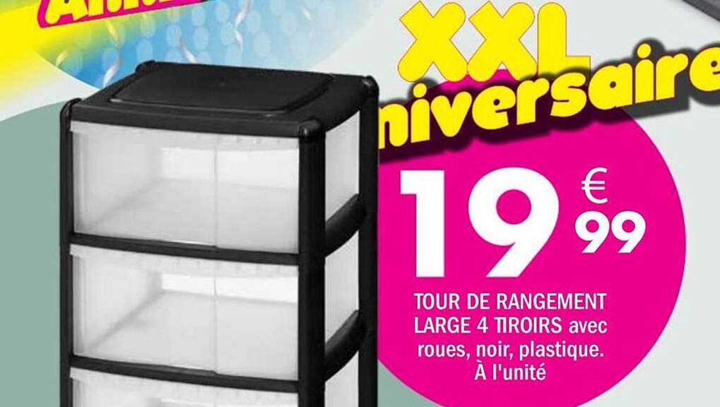 TOUR DE RANGEMENT LARGE 4 TIROIRS avec roues, noir, plastique. À l'unité