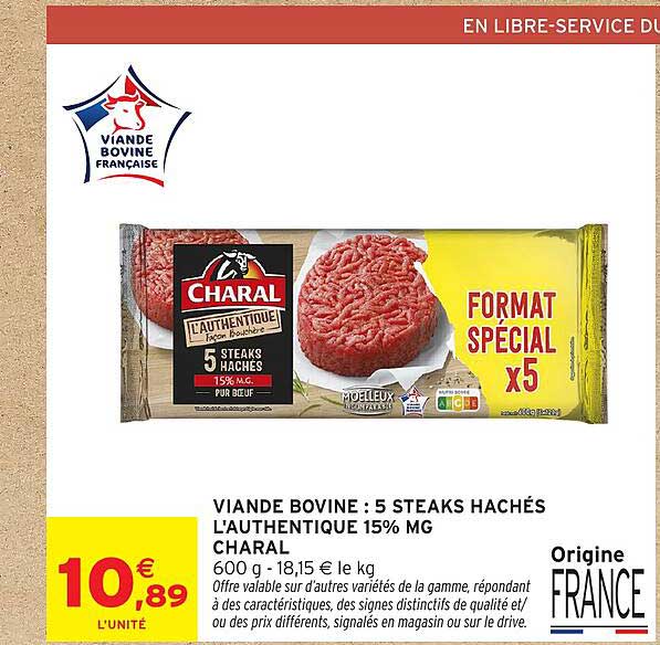 VIANDE BOVINE : 5 STEAKS HACHÉS L'AUTHENTIQUE 15% MG CHARAL