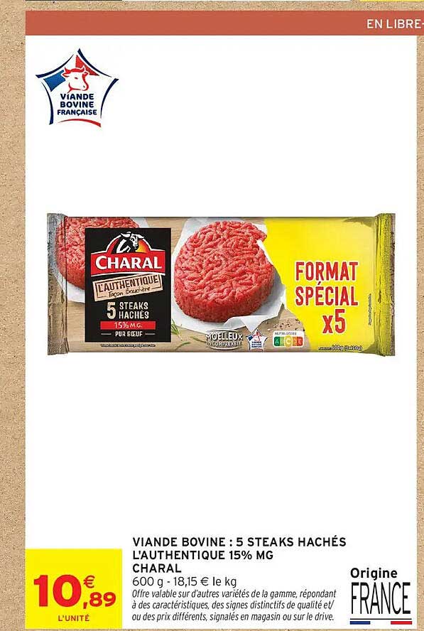 VIANDE BOVINE : 5 STEAKS HACHÉS L'AUTHENTIQUE 15% MG CHARAL