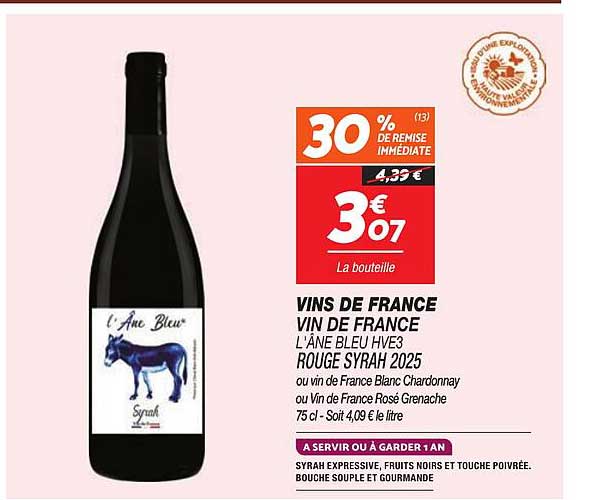 VINS DE FRANCE VIN DE FRANCE L’ÂNE BLEU HVÉ3 ROUGE SYRAH 2025