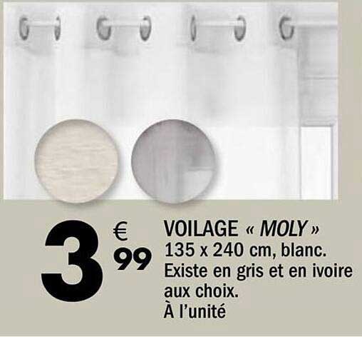 VOILAGE « MOLY » 135 x 240 cm, blanc. Existe en gris et en ivoire aux choix. À l'unité