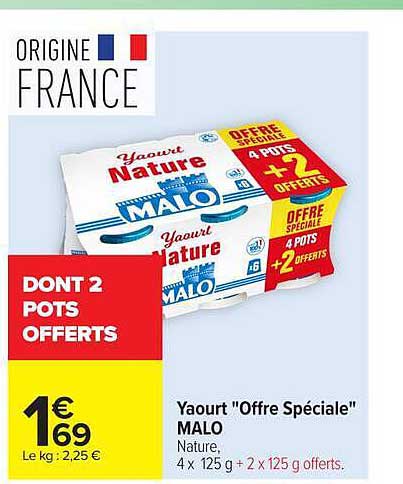Yaourt "Offre Spéciale" MALO Nature, 4 x 125 g + 2 x 125 g offerts.