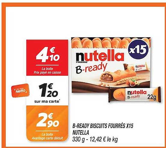 B-READY BISCUITS FOURRÉS X15 NUTELLA 330 g - 12,42 € le kg