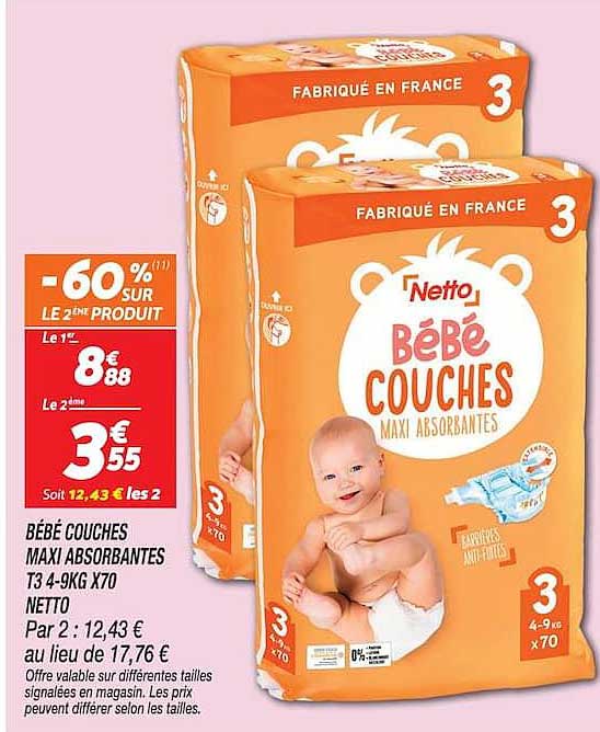 BÉBÉ COUCHES MAXI ABSORBANTES T4 3-4.9KG X70 NETTO