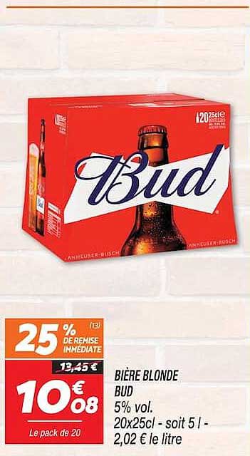 BIÈRE BLONDE BUD 5% vol. 20x25cl - soit 5 l - 2,02 € le litre