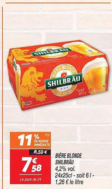 BIÈRE BLONDE SHILBRÄU 4,2% vol. 24x25cl - soit 6 l - 1,26 € le litre