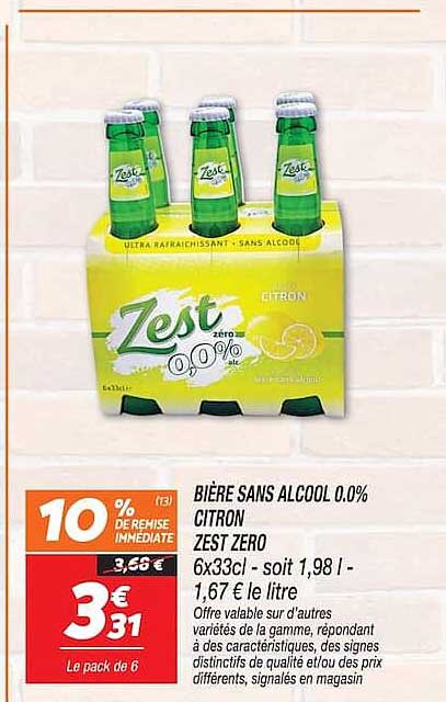 BIÈRE SANS ALCOOL 0.0% CITRON ZEST ZERO 6x33cl - soit 1,98 l - 1,67 € le litre