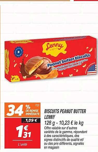 BISCUITS PEANUT BUTTER LENNY 128 g - 10,23 € le kg