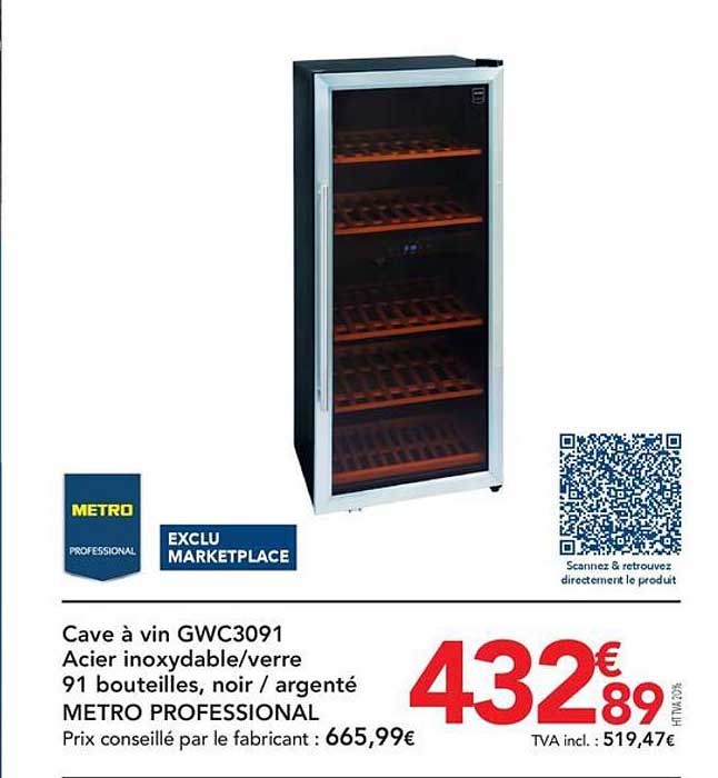 Cave à vin GWC3091 Acier inoxydable/verre 91 bouteilles, noir / argenté METRO PROFESSIONAL
