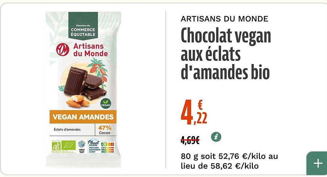 Chocolat vegan aux éclats d'amandes bio