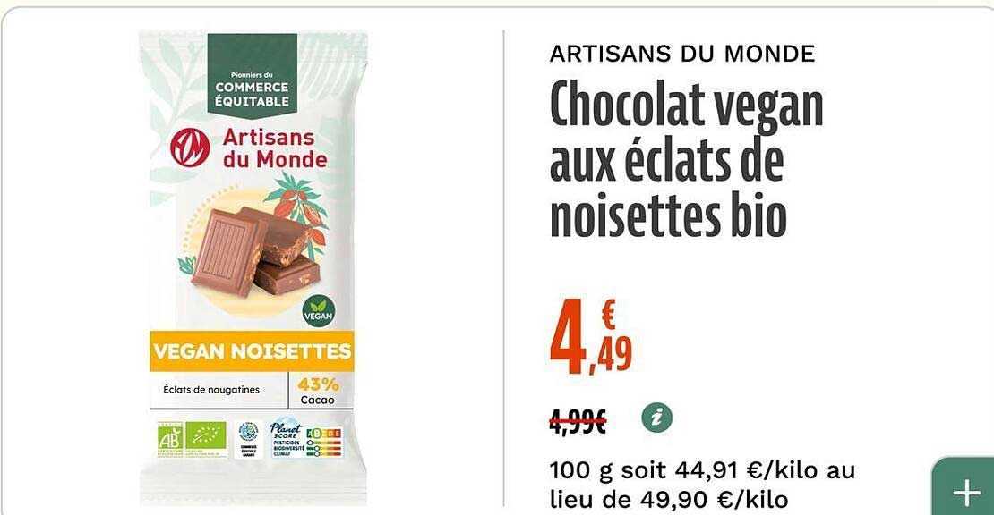 Chocolat vegan aux éclats de noisettes bio