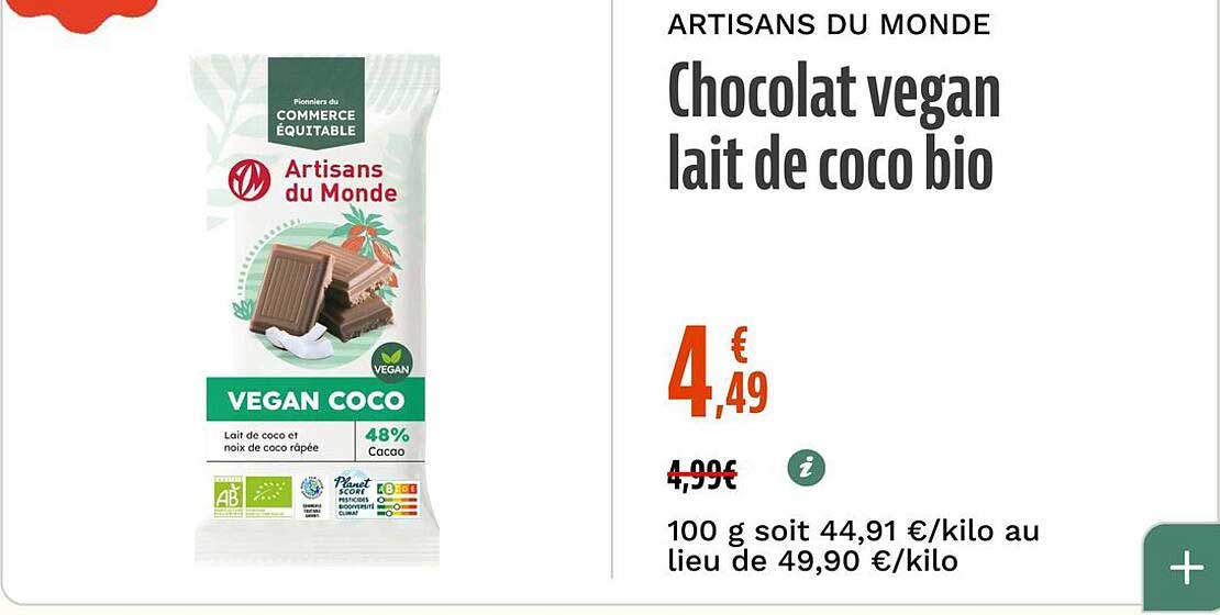 Chocolat vegan lait de coco bio
