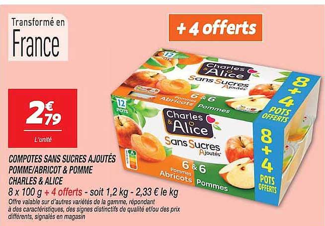 COMPOTES SANS SUCRES AJOUTÉS POMME/ABRICOT & POMME CHARLES & ALICE
