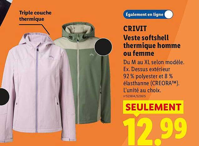 CRIVIT Veste softshell thermique homme ou femme