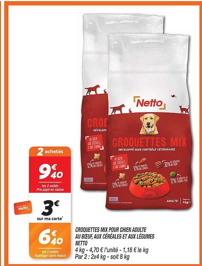 CROQUETTES MIX POUR CHIEN ADULTE AU BŒUF, AUX CÉRÉALES ET AUX LÉGUMES NETTO