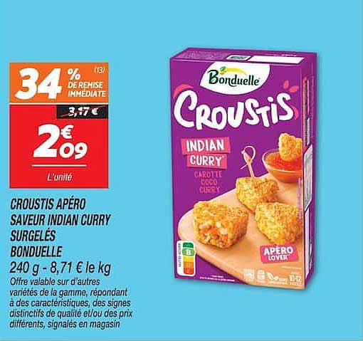 CROUSTIS APÉRO SAVEUR INDIAN CURRY SURGELÉS BONDUELLE 240 g - 8,71 € le kg