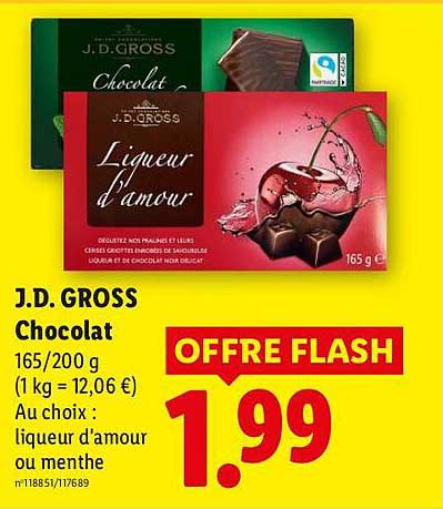 J.D. GROSS Chocolat 165/200 g (1 kg = 12,06 €) Au choix : liqueur d’amour ou menthe