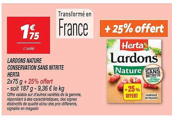 LARDONS NATURE CONSERVATION SANS NITRITE HERTA 2x75 g + 25% offert