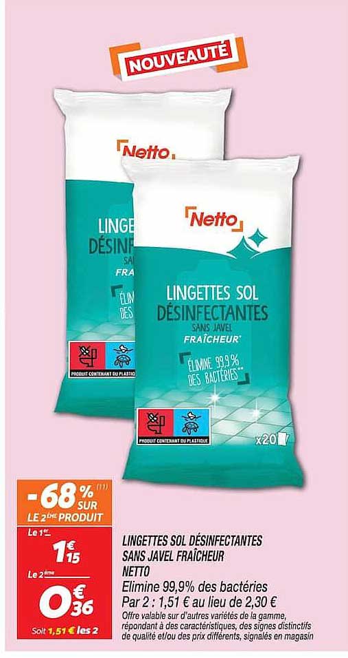 LINGETTES SOL DÉSINFECTANTES SANS JAVEL FRAÎCHEUR NETTO