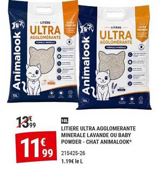 LITIERE ULTRA AGGLOMERANTE MINERALE LAVANDE OU BABY POWDER - CHAT ANIMALOOK*
