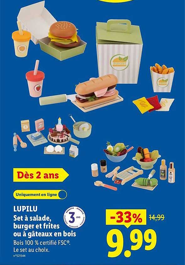 LUPILU Set à salade, burger et frites ou à gâteaux en bois