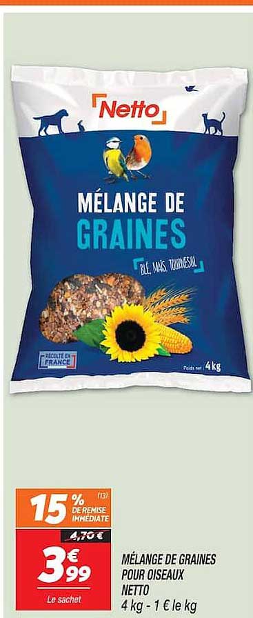 MÉLANGE DE GRAINES POUR OISEAUX NETTO 4 kg - 1 € le kg