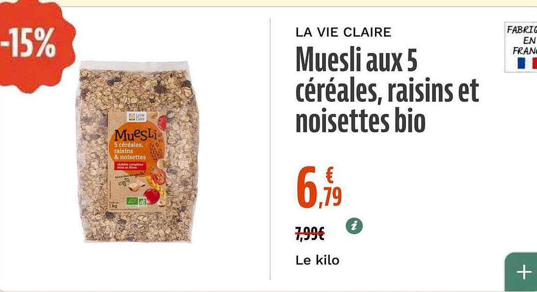 Muesli aux 5 céréales, raisins et noisettes bio