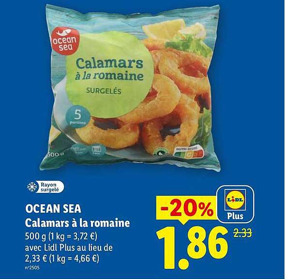 OCEAN SEA Calamars à la romaine 500 g (1 kg = 3,72 €) avec Lidl Plus au lieu de 2,33 € (1 kg = 4,66 €)