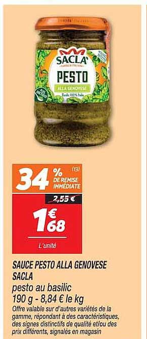 SAUCE PESTO ALLA GENOVESE SACLA pesto au basilic 190 g - 8,84 € le kg
