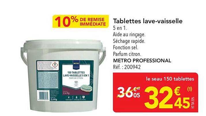 Tablettes lave-vaisselle 5 en 1. Aide au rinçage. Séchage rapide. Fonction sel. Parfum citron. METRO PROFESSIONAL Réf.: 200942