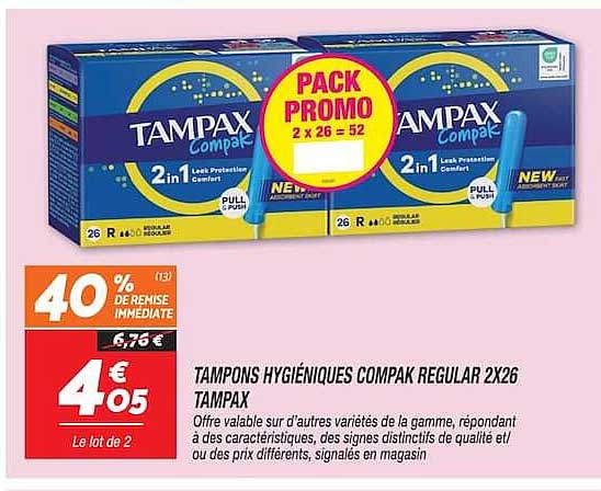 TAMPONS HYGIÉNIQUES COMPAK REGULAR 2X26 TAMPAX
