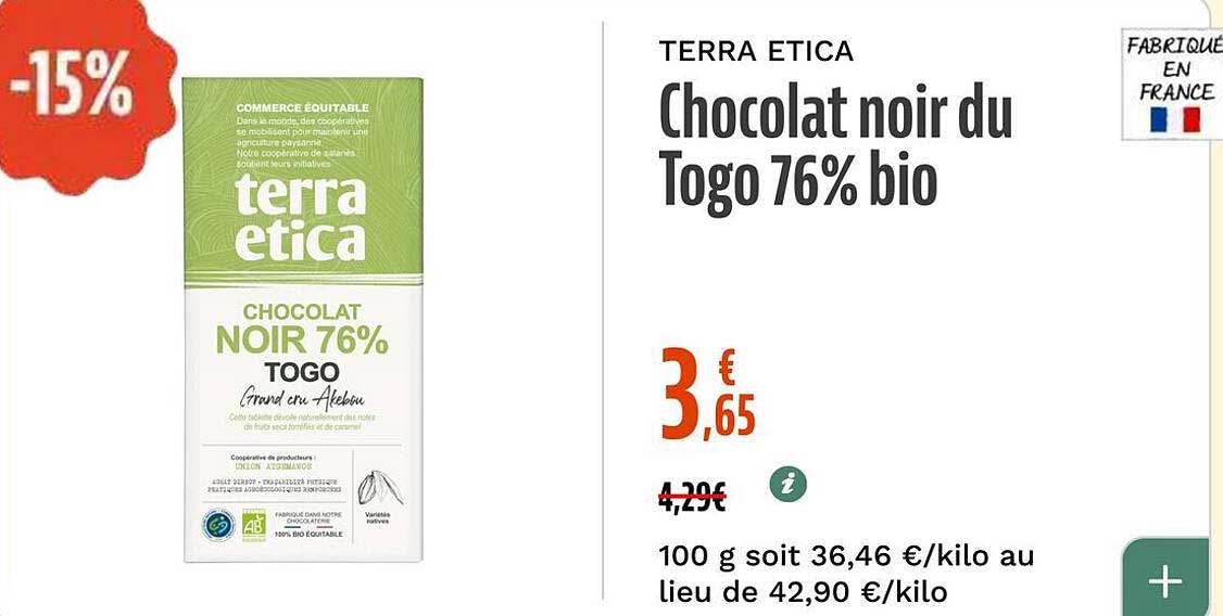 TERRA ETICA Chocolat noir du Togo 76% bio
