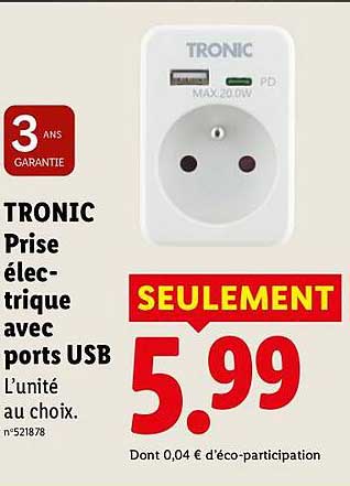 TRONIC Prise électrique avec ports USB