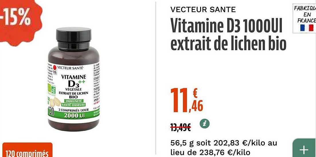 VECTEUR SANTE Vitamine D3 1000UI extrait de lichen bio