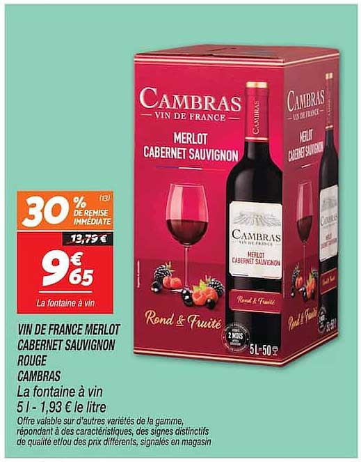 VIN DE FRANCE MERLOT CABERNET SAUVIGNON ROUGE CAMBRAS La fontaine à vin 5 l - 1,93 € le litre