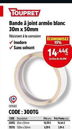 Bande à joint armée blanc 30m x 50mm