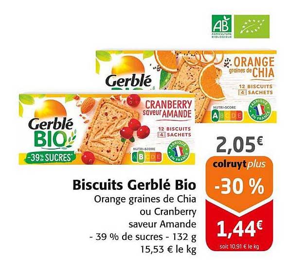 Biscuits Gerblé Bio Orange graines de Chia ou Cranberry saveur Amande