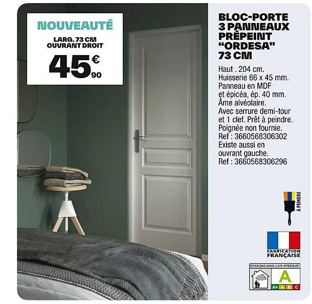 BLOC-PORTE 3 PANNEAUX PRÉPEINT “ORDESA” 73 CM