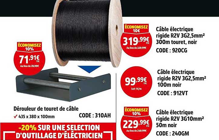 Câble électrique rigide R2V 3G2,5mm² 300m touret, noir