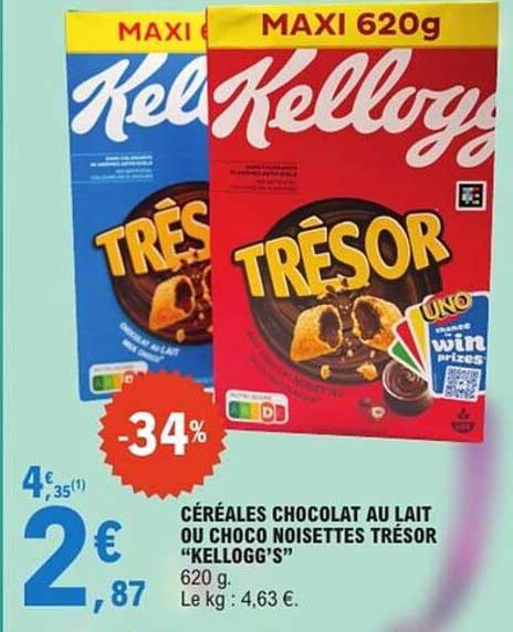 CÉRÉALES CHOCOLAT AU LAIT OU CHOCO NOISETTES TRÉSOR "KELLOGG'S"