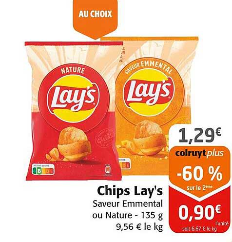 Chips Lay's Saveur Emmental ou Nature - 135 g