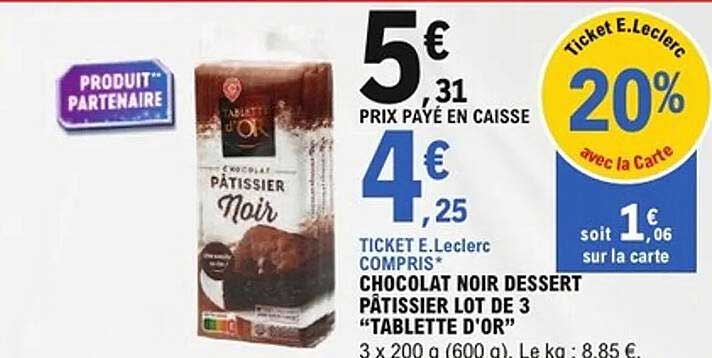 CHOCOLAT NOIR DESSERT PÂTISSIER LOT DE 3 'TABLETTE D'OR'