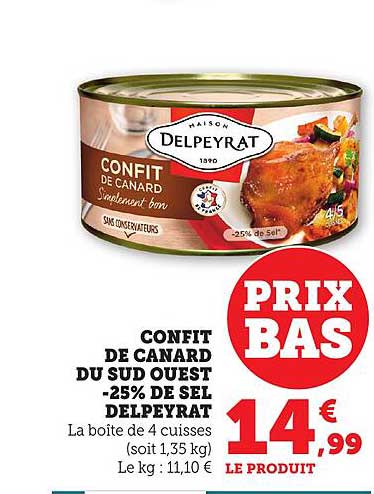 CONFIT DE CANARD DU SUD OUEST -25% DE SEL DELPEYRAT