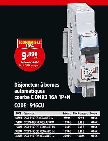Disjoncteur à bornes automatiques courbe C DNX3 16A 1P+N